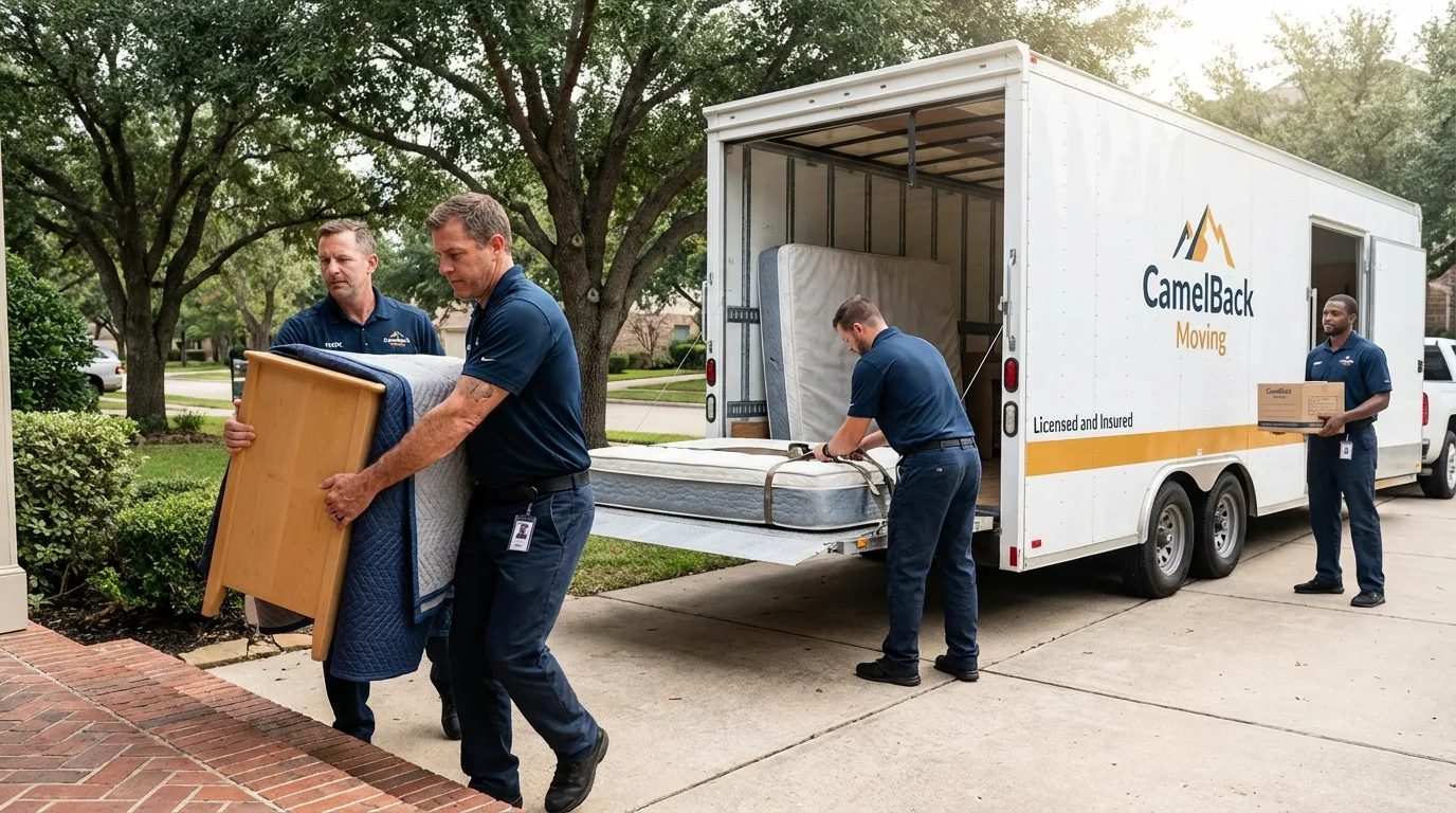 Crew loading residential truck for cross-state move from Woodbine, IA