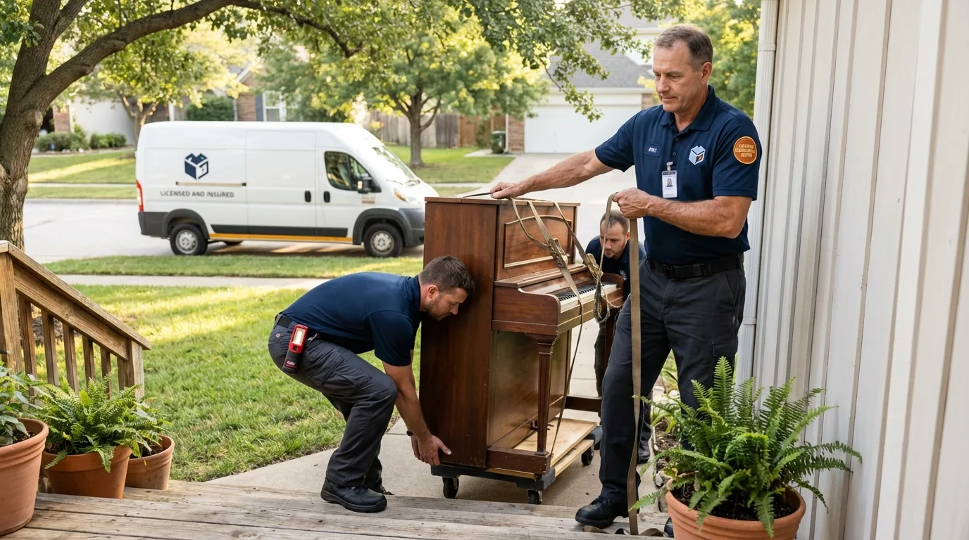 Licensed piano movers securing grand piano in Woodbine, IA