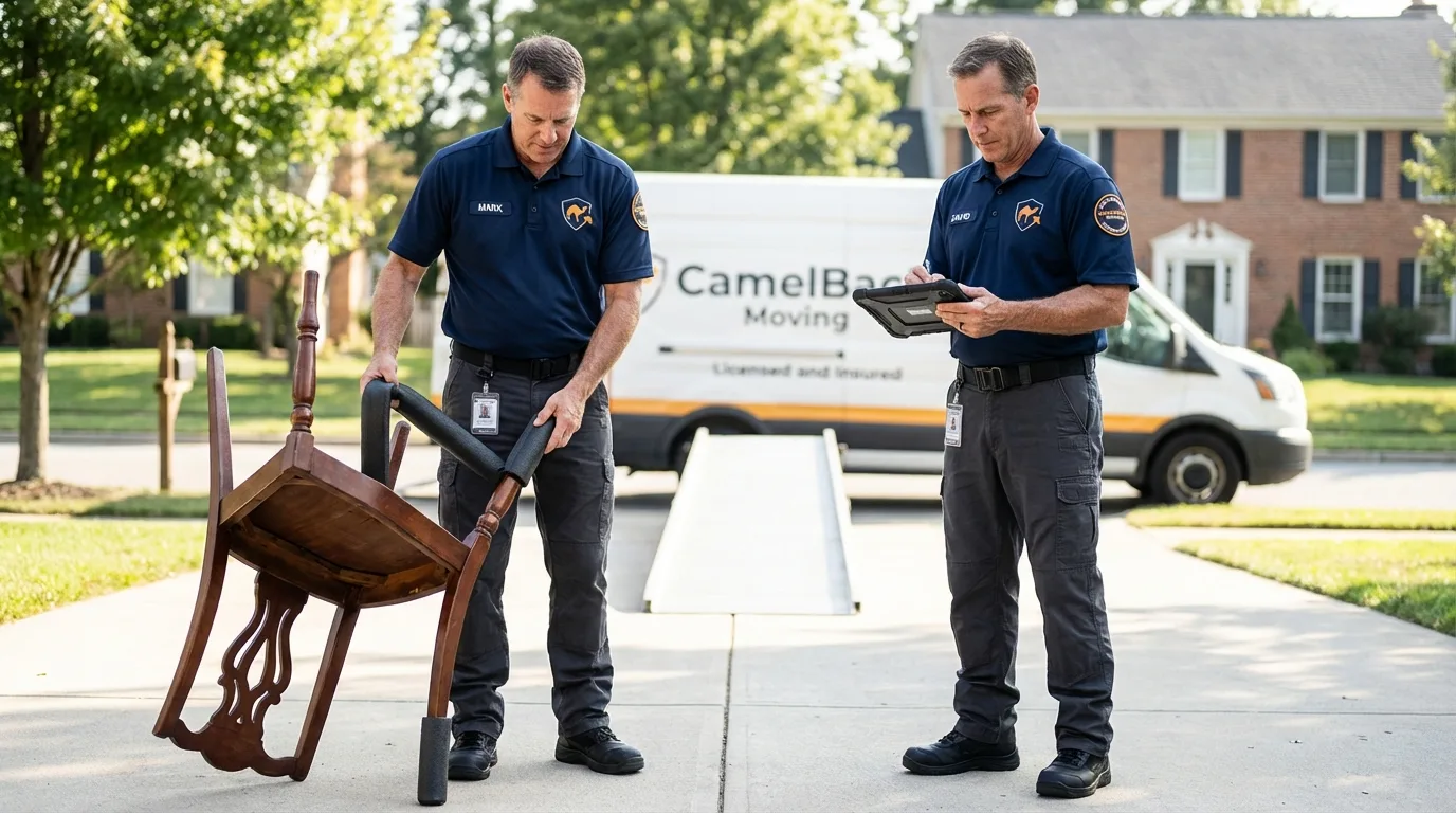Movers inspecting furniture for damage prevention before loading in Woodbine, IA