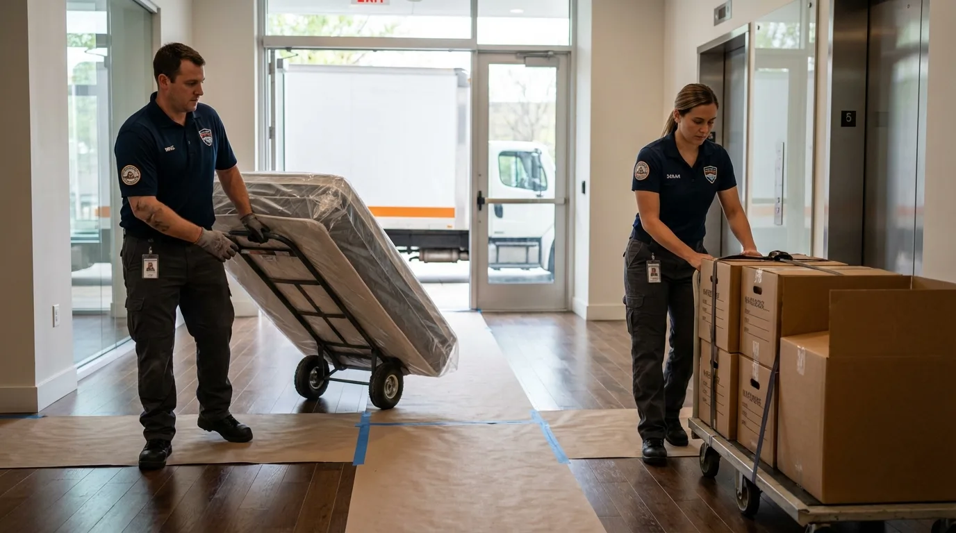 Professional apartment movers loading elevator in Woodbine, IA