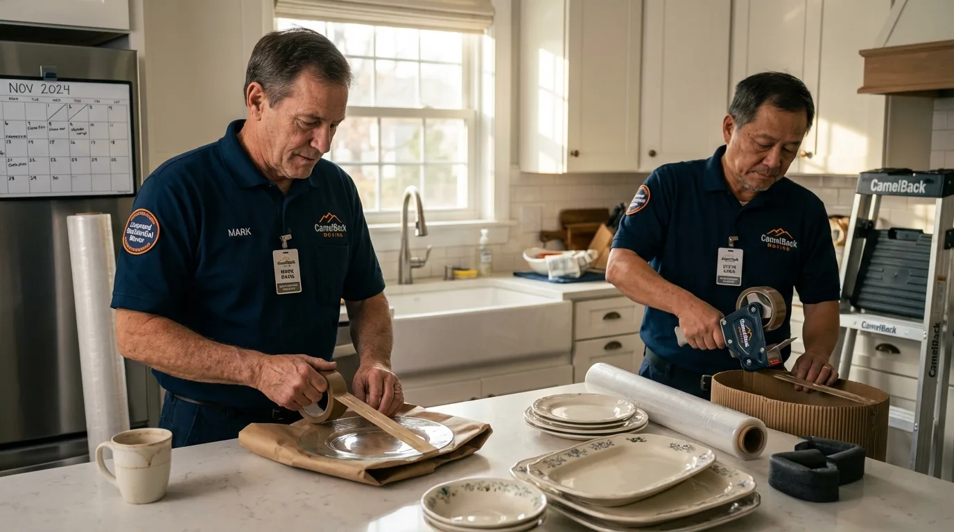 Professional crew packing kitchen dishware in Woodbine, IA